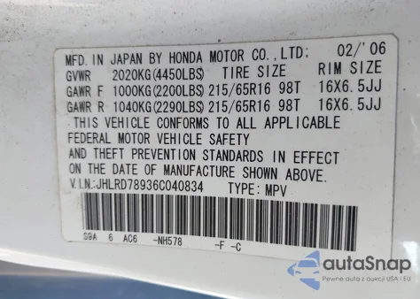 2006 Honda Cr-V Se из США, поврежденный, VIN JHLRD78936C040834